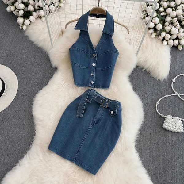 Vestidos de trabajo Moda para mujer Jeans y conjunto superior Chicas Halter Cuello Sin espalda Sin mangas Corto Denim Dos piezas Cintura alta Bodycon Mini falda