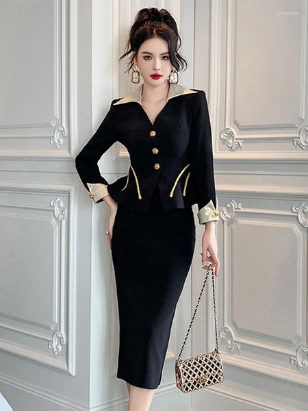 Vestidos de trabajo Moda Estilo de mujer Negro Negocios Formal Trajes de 2 piezas Trajes Mujeres Elegantes Tops de viaje Abrigo Blazer Traje y conjunto de falda