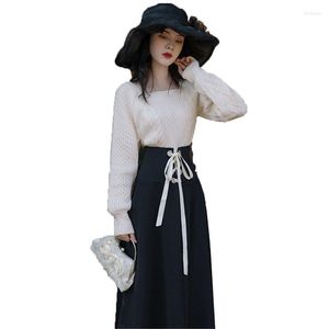 Vestidos de trabajo Moda Traje de mujer Otoño Invierno Suéter de punto blanco Jersey Cintura Corbata Falda negra 2 piezas Conjuntos Ropa Venta única