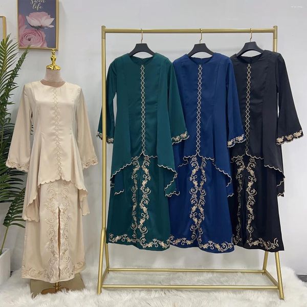 Robes de travail Fashion Muslim Kimono broderie Cardigan Abaya Ramadan Dubaï Turquie Eid Robe Islamic confortable Jupe 2 pièces Set Femmes