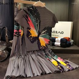 Vestidos de trabajo Juego de moda plisado Mangas cortas Top de mariposa estampada y falda de dos piezas de doble cintura para mujeres 2024 Verano