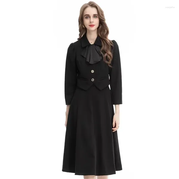 Robes de travail mode piste automne hiver costume noir femme col rabattu à manches longues manteau jupe 2 pièces ensembles femmes tenue