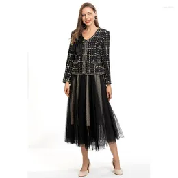 Robes de travail mode piste automne costume pour femmes à manches longues nœud perles veste manteau à pois maille jupes 2 pièces ensemble