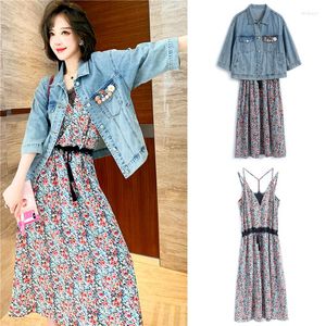 Robes de travail Mode Top Veste Femme Printemps 2022 Denim Manteau Et Robe Imprimé Floral Deux Pièces Ensemble Femmes Tenues Robe Feminino SL467