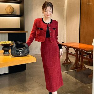 Robes de travail Fashion Tweed Two Piece Jirt Set Femmes Spring Automne Automne Elegant Long Man M manteau long et jupes Tenue d'affaires