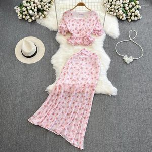 Robes de travail Fashion Two Piece Set pour les femmes Blouse à col carré imprimées florales