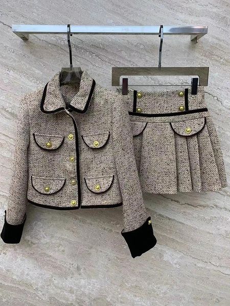 Robes de travail Mode Velvet Edge Tweed Veste et taille haute Mini jupe plissée Ensembles pour femmes Top Qualité 2024 Rétro Sweet Suits Lady