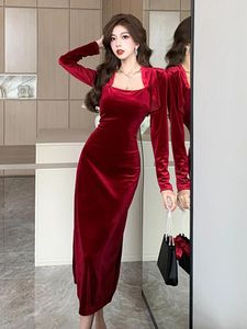 Werk jurken Fashion Velvet Vintage 2 stuks Outfit Dames Dames Korte Cardigan Coat Tops en Sexy Riem Slim Dress Robe Set Femme Suits