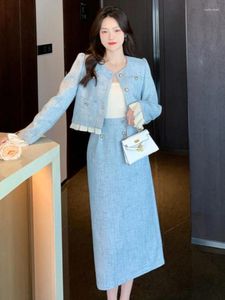 Robes de travail Mode Femmes Costumes Bleus Coréens À Manches Longues Haut Court Casual A-ligne Blazer Jupes 2 Pièces Ensemble Printemps Y2k Vêtements Féminins