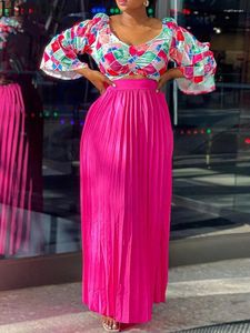 Vestidos de trabajo Conjunto de mujer de moda Top corto con estampado a cuadros Faldas maxi plisadas 2023 Chic Street Africa Style Sexy Dos conjuntos de 2 piezas Trajes de otoño