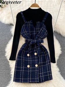 Werkjurken Mode Wollen jurk Tweedelige sets Winterkleding Dames Trui Elegante geruite sjerpen Korte tweedoutfits
