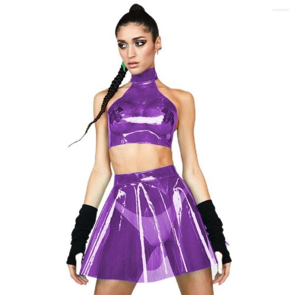 Werkjurken Fetisj Plastic Jurksets Zomer Doorzichtig PVC Mouwloos Hangend Hals Crop Top Hoge Taille Korte A-lijn Rokken Rave Carnaval Outfit