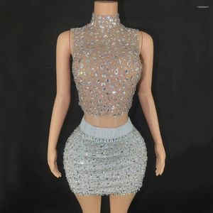 Robes de travail clignotant strass chaîne sexy licou dos nu gaine deux pièces ensemble anniversaire soirée fête célébrer costume discothèque tenue