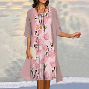 Robes de travail Robe tulipe florale avec cardigan femmes été deux pièces ensemble habillé mariage invité à manches longues élégant Boho plage robe d'été