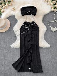 Robes de travail mousse Foamlina Summer Femmes sexy 2 pièces Set Fashion Black Shiny Bow Crop Top Twist Twist Ruffles Ruffles Split Long Jupe Suisse