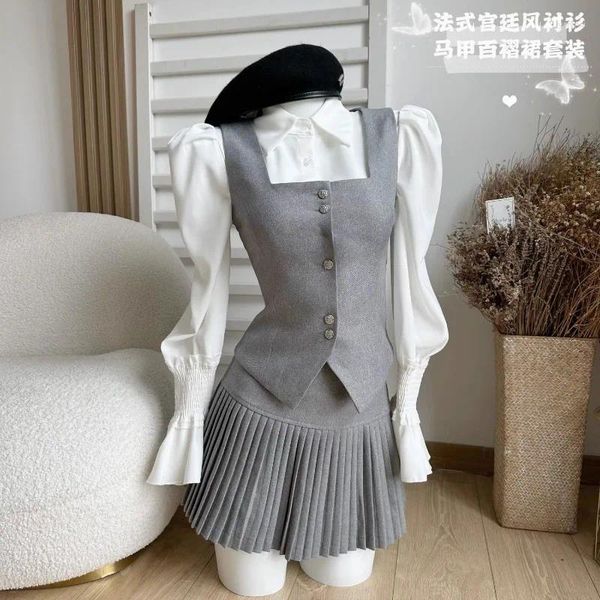 Vestidos de trabajo Trajes formales de Kpop Conjunto de 3 piezas Blusas con cuello de solapa Camisas Abrigo Cadera Faldas de cintura alta Coqueta Chaleco elegante blanco Japonés