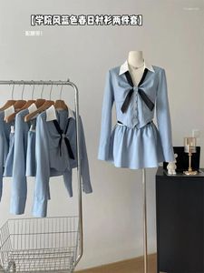 Werk jurken formele gelegenheid outfits 2-delige rok set polo-nek shirts blauw chique hoge taille geplooid met riem coquette preppy stijl