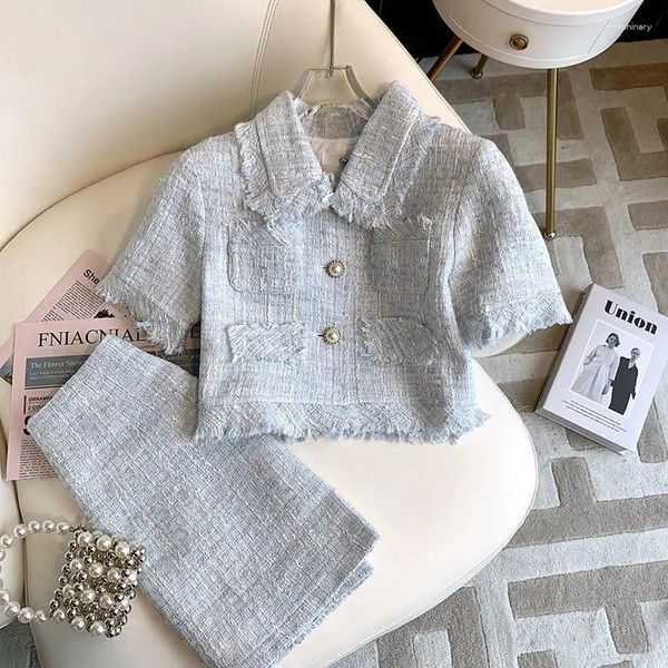 Vestidos de trabajo Fragante Azul Manga corta Cardigan Chaqueta de borla Crop Tweed 2024 Faldas de verano Trajes para mujeres 2 conjuntos