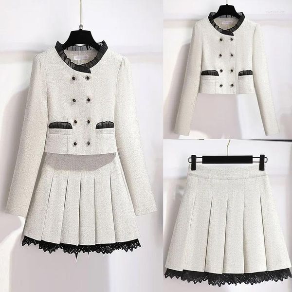 Robes de travail costumes blancs parfumés femmes élégantes vintage tweed jacke mantel top et mini jupe deux pièces set tenue hiver jacquard korea