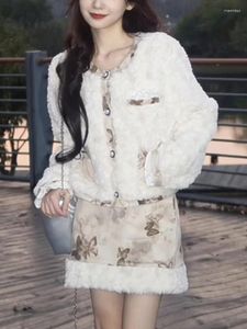 Robes de travail France fourrure vintage élégant 2 pièces set femmes papillon imprimé jupe coréenne costume femelle manche chaude chaude chic 2024