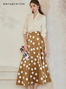 Werkjurken Franse elegantie retro dots shirt satijnen rok tweedelige sets dames outfits 2024 lente sierlijke mode slank