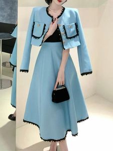 Robes de travail French Lady Jupe Suit élégant bureau de mode ol mange long manchet à manches courtes courte grande taille Big swing midi jupes 2 pièces
