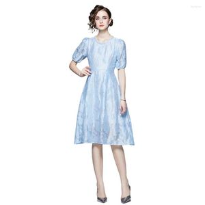Werkjurken - French Niche Gentle Bubble Sleeve Blue Jacquard Nail Bead High Sense Halflange jurk Dames