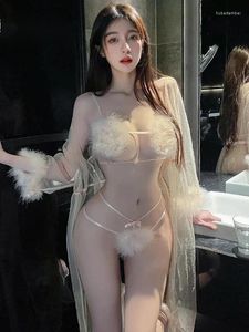 Robes de travail français Sexy Lace Perspective Bandage en peluche en peluche à trois points Gauze à manches longues Maxi Robe d'été Plage mignons tenues pour femmes zskl