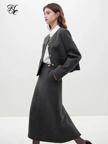 Robes de travail FSLE manteau en laine haut de gamme pour femmes hiver 2023 Style coréen manteaux à col rond courts jupes droites ensembles de dame de bureau