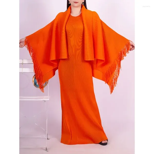 Robes de travail gghk miyake plissé deux pièces ensembles de la mode féminine longue élégante couleur solide lacet-up cape cape d'automne 2024