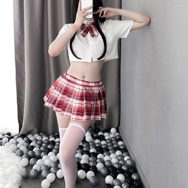 Vestidos de trabajo estilo puro deseo de las niñas Sexy lindo japonés Plaid cintura arco JK uniforme falda corta plisada estudiante conjunto