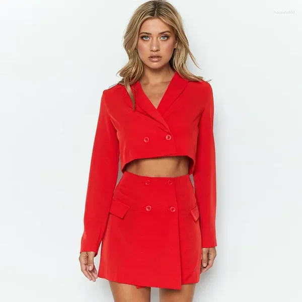 Robes de travail filles deux pièces tenues rouge à manches longues costume jupe deux pièces femme courte Sexy ensemble mignon 2 femmes tenue de bureau