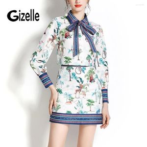 Vestidos de trabajo Gizelle 2023 Moda Runway Falda de verano Traje de mujer Animal Blusa con estampado floral Una línea Bodycon Mini 2 Conjunto de dos piezas