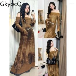 Robes de travail GkyocQ Style chinois robe élégante Slash cou épaule manches longues imprimé a-ligne rétro jupe décontractée vêtements à la mode
