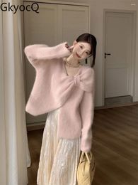 Werkjurken GkyocQ Koreaanse mode tweedelige sets Elegante onregelmatige strik O-hals Gebreide roze trui Hoge taille A-lijn geplooide lange rok