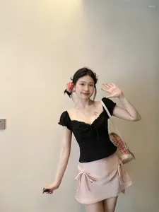 Robes de travail gkyocq coréennes Fashion Femmes Twirt Twirt sets tenue Chic Velvet Jacquard Lace Slemming T-shirt Bow une ligne rose mini