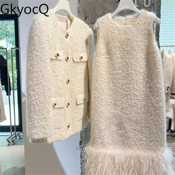 Vestidos de trabajo GkyocQ Moda coreana Mujeres Conjuntos de dos piezas Elegante O Cuello Solo pecho Chaqueta de manga larga Chaleco sin mangas Vestido corto Traje