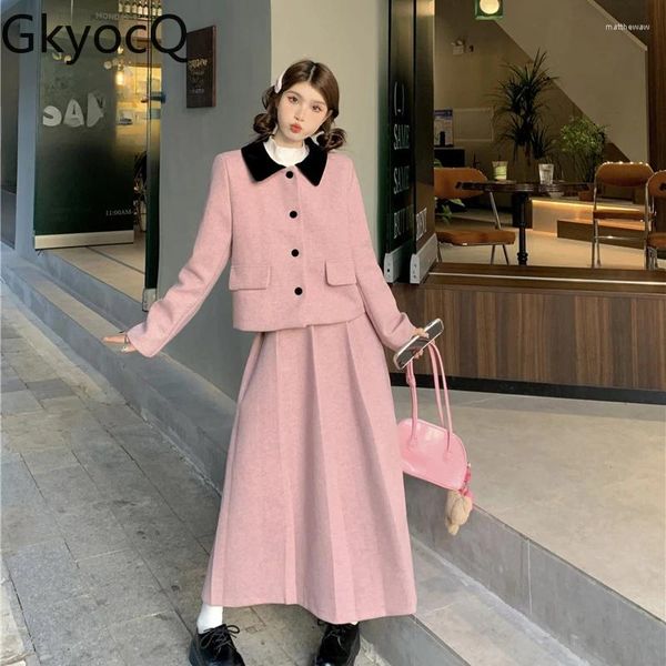Robes de travail GkyocQ col rabattu mode boutons lâches veste douce taille haute une ligne coréenne Chic jupe élégante femmes vêtements femme