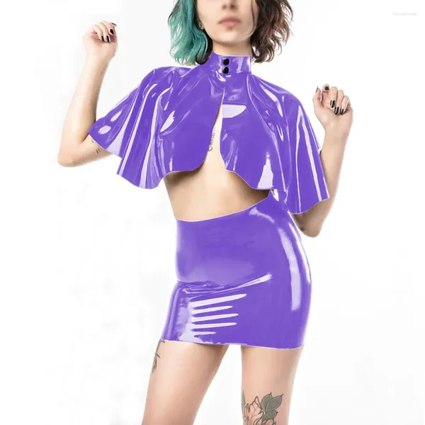 Vestidos de trabajo Gótico Punk Sexy Cuero de PVC brillante Mini faldas ajustadas Cuello alto Capas cortas Club nocturno Fiesta Vestido de baile Conjuntos Club 2 piezas