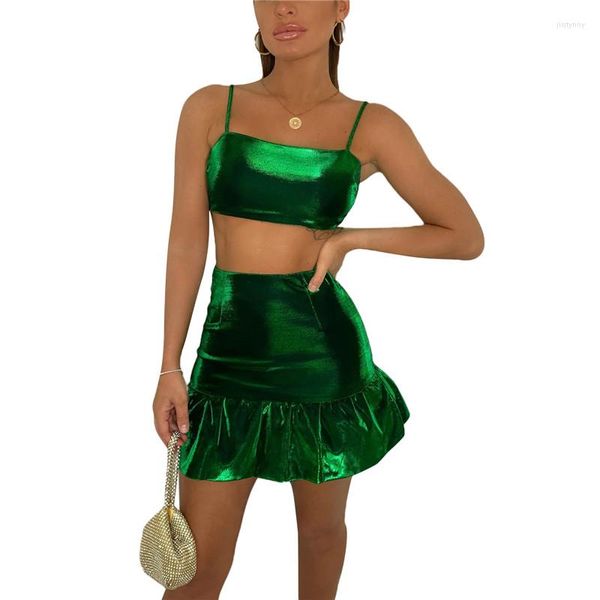 Vestidos de trabajo Top corto verde Conjunto de dos piezas Mujeres Sexy Sin respaldo Cintura alta Volantes Faldas ajustadas 2 Ropa de club de verano 2023