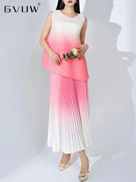 Vestidos de trabajo gvuw plisado de dos piezas sets gradiente color redondo redondeo top sin mangas suelta una falda de línea elegante dama moda 17G6039