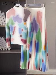 Vestidos de trabajo GVUW Imprimir Conjunto de dos piezas plisado Mujer 2024 Primavera Cuello alto Manga larga Top Falda de cintura elástica Ropa de moda 17G1478