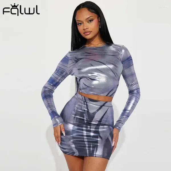 Robes de travail Habbris Blue Long Sleeve BodyCon 2 Mini Jirt Set Set Party Club Tenues pour femmes 2024