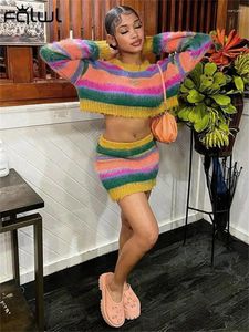 Werkjurken Habbris Sey Color Stripe Gebreide 2 tweedelig mini -rokken Set Vacation Beach For Women 2024 Zomer Summer Lange Mouw Crop Top Rok