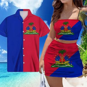 Werk Jurken Haïti Vlag Gedrukt Vrouwen Bodycon Korte Jurk Pak Rood En Blauw Paar Kleren Sexy Backless Tops Set Match mannen Shirt Voor Party