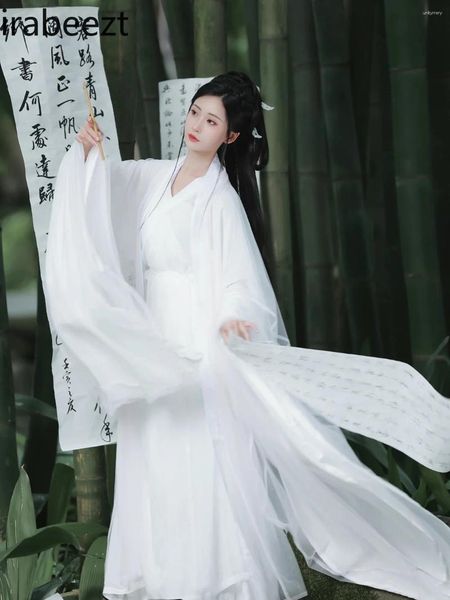 Robes de travail Hanfu Original Feme Wide Sleeve Flow Fairy Jupe Couleur solide ancienne super spot Vêtements chinois traditionnels pour les femmes
