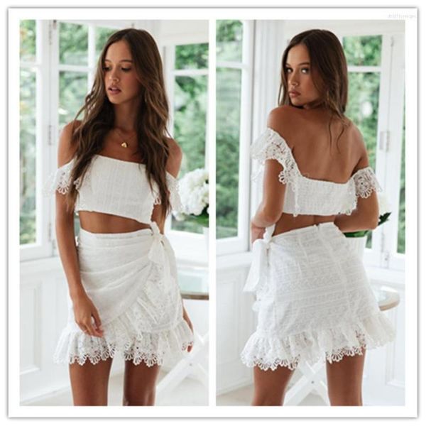 Robes de travail Happie Queens Femmes Deux Pièces Blanc Hors Épaule Plage Bohème 2 Pcs Ensemble Dentelle Épissage Tops Sexy Mini Boho Jupe Ensembles