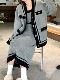 Robes de travail Harajpee gris costumes tricotés Cardigan manteau femmes automne hiver 2023 ensemble jupe de mode tempérament doux deux pièces ensembles