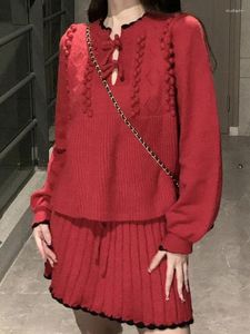 Robes de travail Harajpee rouge deux pièces ensemble noeud papillon à manches longues pull en tricot femme automne taille haute jupe plissée mode rajeunissante