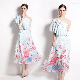 Robes de travail Helolis 2024 Été Mode Imprimé Floral 2 Pièces Ensemble Femmes Oblique Épaule Volants Bouton Hauts Taille Haute Jupes Midi